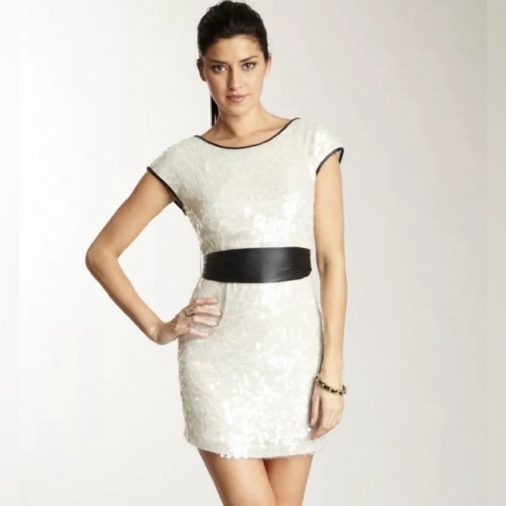 Stella & Jamie Backless Silk Sequin Leather Trim Mini Dress size small